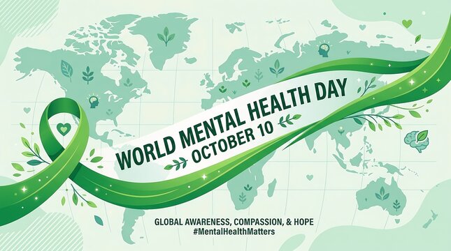World Mental Health Day illustration with green ribbon and world map  global awareness and compassion