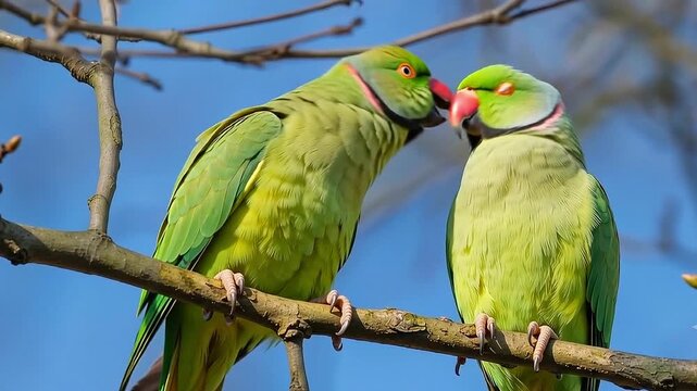 Pair of Rose-Ringed Parakeets Perched on a Tree Branch Expressing Affection
