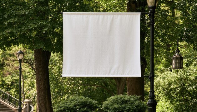 A blank white banner hangs in a park, ready for custom design