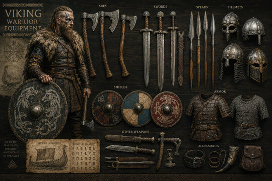 Viking Warrior Equipment Infographic with Weapons, Armor, Shields and Helmets