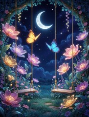 Fototapeta premium Magical night garden with glowing flowers, wooden swings. Two colorful butterflies fly under bright crescent moon, stars. Dreamy fantasy landscape features vibrant botanical elements, sparkling