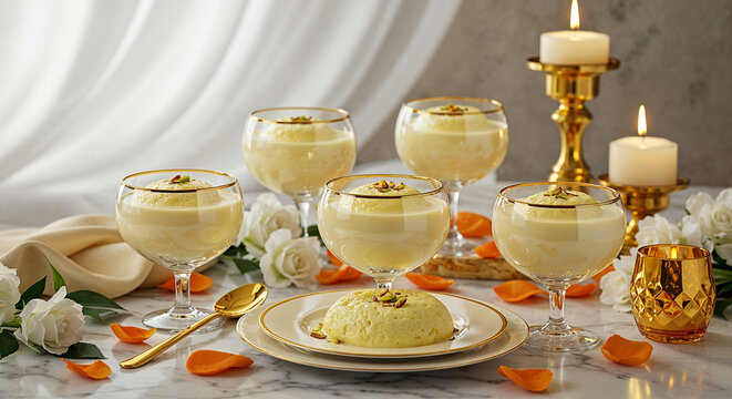 Traditional Indian Dessert Ras Malai Served in Glass Bowls Garnished with Pistachios and Saffron