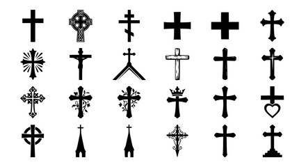 Fototapeta premium Christian Cross and Crucifix Silhouette Icons Collection Vector Set
