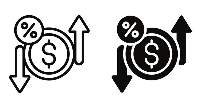 Interest rate fluctuation icon set with dollar coin percentage symbol and arrows showing increase and decrease for financial market analysis