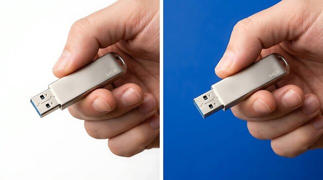 A hand holding a silver metal usb flash drive for data storage and file transfer.