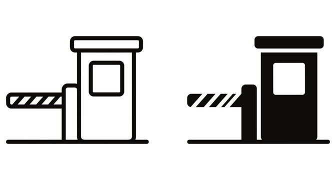 Parking barrier gate icon set with toll booth and automatic security arm for entrance control in outline and solid style