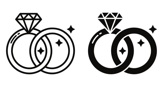 Wedding ring icons set with diamond engagement ring and plain band interlocking for marriage ceremony celebration and romantic love symbol