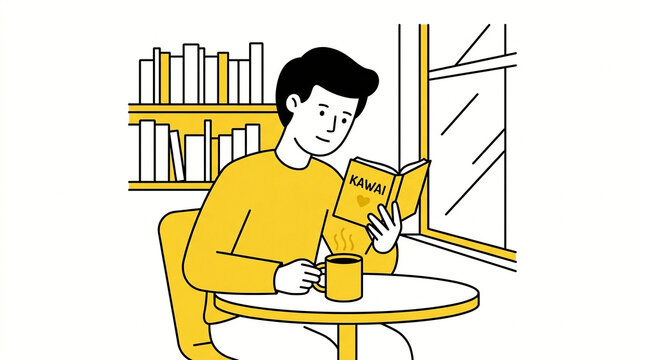 Minimalist Man Reading Book with Coffee
