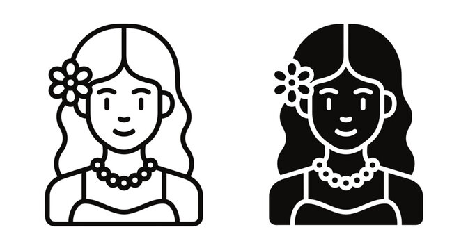Woman icon set featuring female avatar with flower in hair and necklace in outline and solid glyph style for web design