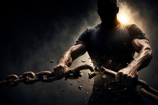 Strong muscular man breaking heavy rusty metal chains with bare hands, symbolizing freedom, power, breaking limits, and liberation.