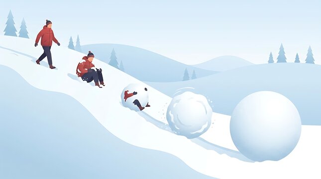 Illustration showing a person rolling down a snowy hill transforming into a massive snowball concept of snowball effect.