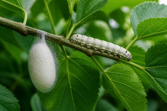 Silkworm resting beside silk cocoon on mulberry branch