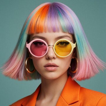 Young woman with colorful bob hair and two-tone sunglasses wears orange blazer. She sports large gold hoop earrings and has bold eyeliner for creative style.