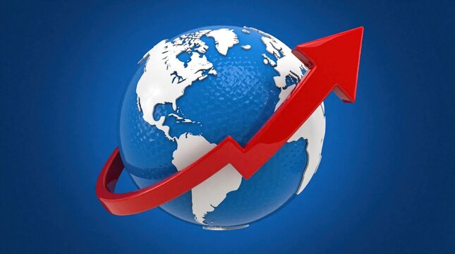 3D globe features a red arrow graph rising upward. Global business growth or economic progress concept. International market trends with upward direction.