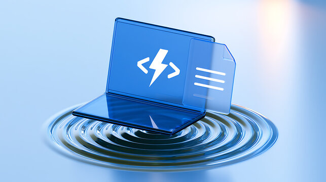 Abstract illustration of a blue laptop and file icon with a lightning bolt symbol on a reflective surface with water ripples, showcasing technology innovation and swift data processing