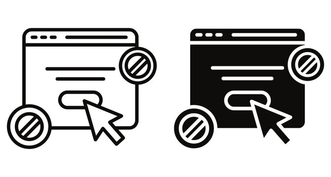 Web browser window with cursor clicking button and prohibited symbols representing ad blocking restricted access website security and disabled features