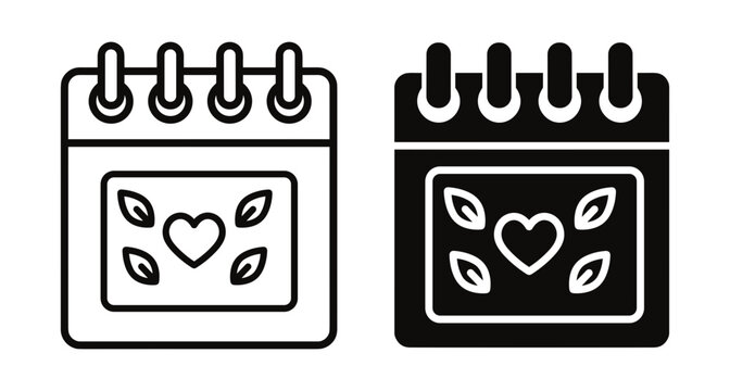 Calendar icon set with heart and leaves symbol representing eco friendly dates nature conservation events wedding planning and environmental awareness