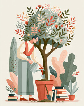 Teacher planting a tree of knowledge with books and plants symbolizing learning and growth