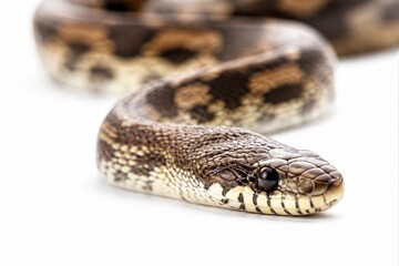 Fototapeta premium Ball python coiled and resting on white studio surface