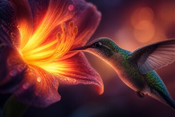 Fototapeta premium Hummingbird feeding from glowing flower during warm dusk