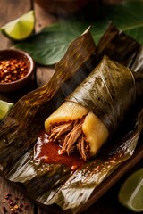 Fototapeta premium Steaming tamale Oaxaqueno stuffed with shredded pork, bathed in red sauce. Wrapped in banana leaf, served with lime wedges and chili flakes.