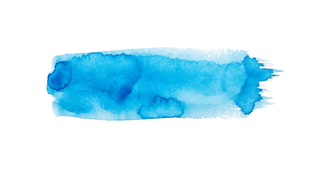 A single horizontal brush stroke of vibrant blue watercolor paint with textured edges and varying opacity levels isolated on a white background for isolated on a transparent background