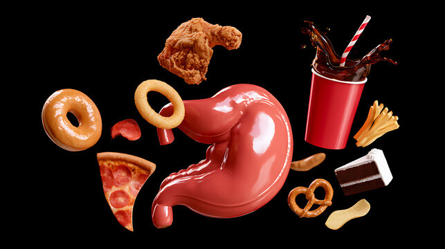 Illustration Depicting a Stomach Surrounded by Various Unhealthy Fast Foods and Sugary Snacks on a Black Background, Health Concept