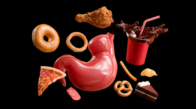 Unhealthy Food Choices and Human Stomach Organ Floating on Black Background, Representing Poor Diet and Digestive Health Concerns