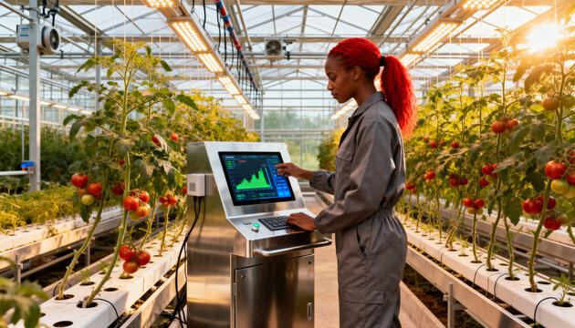 AI-powered agricultural weather prediction dashboard used by farmers in modern greenhouses, natural daylight, realistic commercial photography, no branding