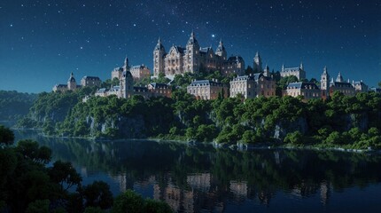 Fototapeta premium Grand fantasy castle sits on rich green cliff above calm river. Ornate towers, domes glow under starry night sky. Beautiful architecture reflects in dark water below. Magical kingdom landscape