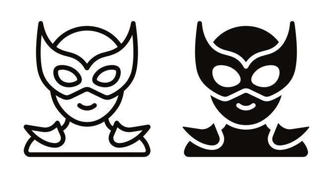 Superhero character icon set featuring masked hero avatar in outline and solid glyph styles for comic book and gaming apps