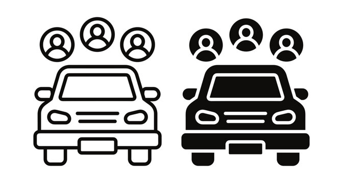 Carpooling and ride sharing icon set featuring vehicle with passengers for transportation service mobile app interface and urban commuting symbols graphic