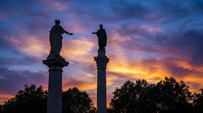 Majestic classical statues stand atop tall stone columns against a vibrant dramatic sunset sky filled with beautiful purple orange clouds