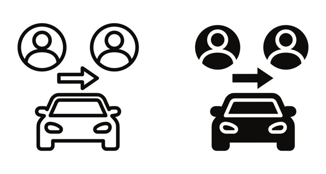 Carpooling and ride sharing icon set with car and people symbols for transportation services commuting and vehicle ownership transfer applications