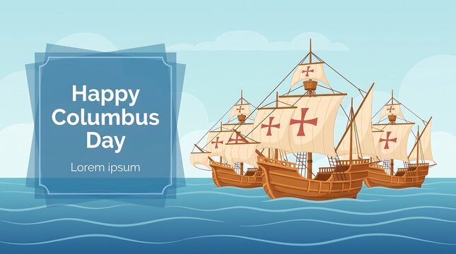 Historical wooden ships with large white sails decorated with red crosses sailing across the deep blue ocean during Columbus Day