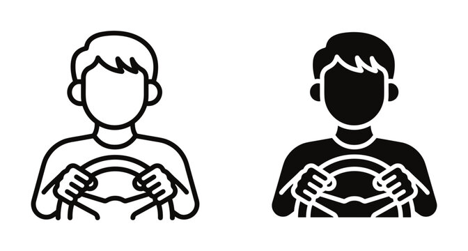 Male driver icon set featuring person holding steering wheel in outline and solid glyph styles for automotive transportation and travel