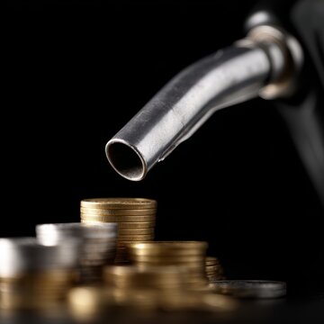 petrol pump nozzle pouring gold and silver coins energy inflation high fuel cost concept