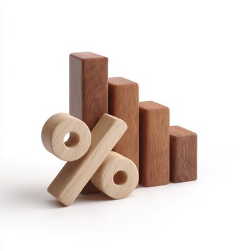 wooden percentage symbol with descending bar chart financial decline concept