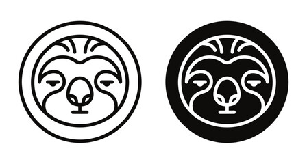 Fototapeta premium Sloth face icon set featuring minimalist line art and solid circular designs for wildlife branding animal conservation and nature logos