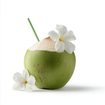 fresh green coconut with flower and straw tropical summer drink isolated png vibe