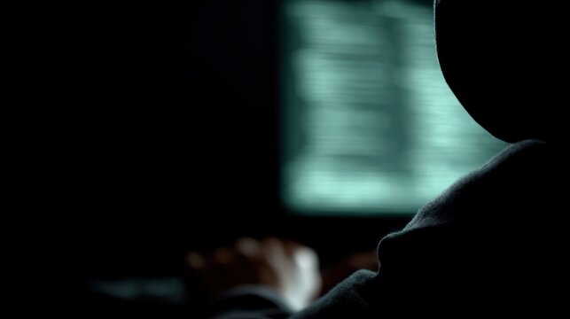 anonymous computer scientist hacker coding in dark room illuminated by digital screens