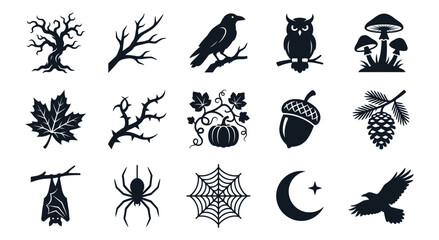 Fototapeta premium Set of black and white halloween and nature themed vector icons featuring forest animals and autumn elements