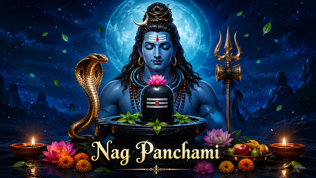 Beautiful blue lord shiva meditating behind shiv lingam mahadev with snake during holy hindu festival nag panchami celebration with lamps and flowers