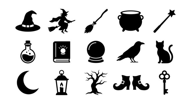 Set of black halloween witch and magic themed icons featuring broomstick cauldron spellbook crystal ball and cat