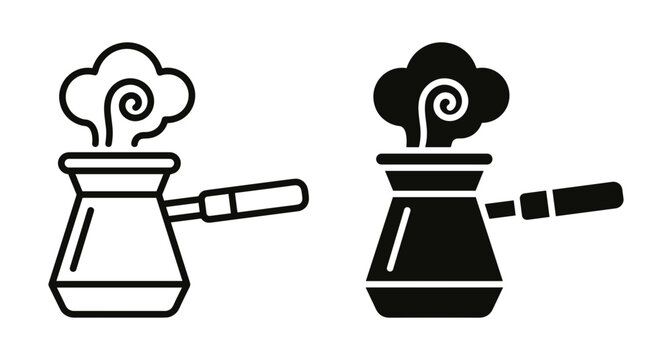 Turkish coffee pot cezve icon set with steam aroma cloud for cafe menu design traditional brewing equipment vector illustration