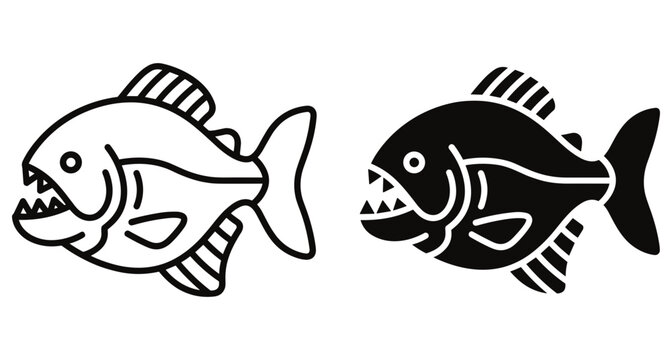 Piranha fish icon set featuring sharp teeth and fins in outline and solid black styles for aquatic predator design projects