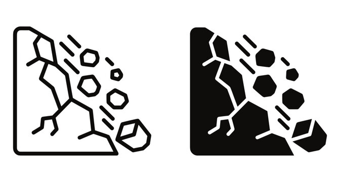Landslide and rockfall icon set showing falling stones from a cracked mountain cliff in outline and solid black glyph style