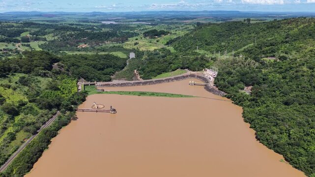 Euclides Da Cunha Reservoir Of Sao Jose Do Rio Pardo In Sao Paulo Brazil. Power Plant. Water Dam Landscape. Nature Skyline. Euclides Da Cunha Reservoir At Sao Jose Do Rio Pardo Sao Paulo Brazil. 