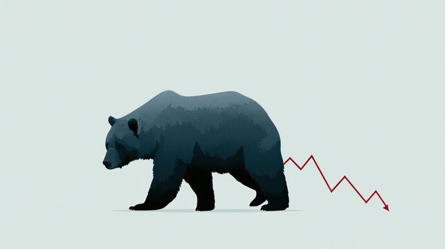 Stylized bear illustration with downward financial trend line
