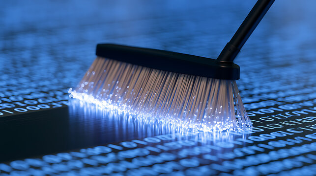 Digital Broom Sweeping Binary Code: A Visual Representation of Data Cleaning, Optimization, and Cybersecurity Concepts in Technology